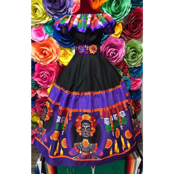 Mexican set Mexico todo corazon single circle skirt day of the dead - Picture 3 of 7